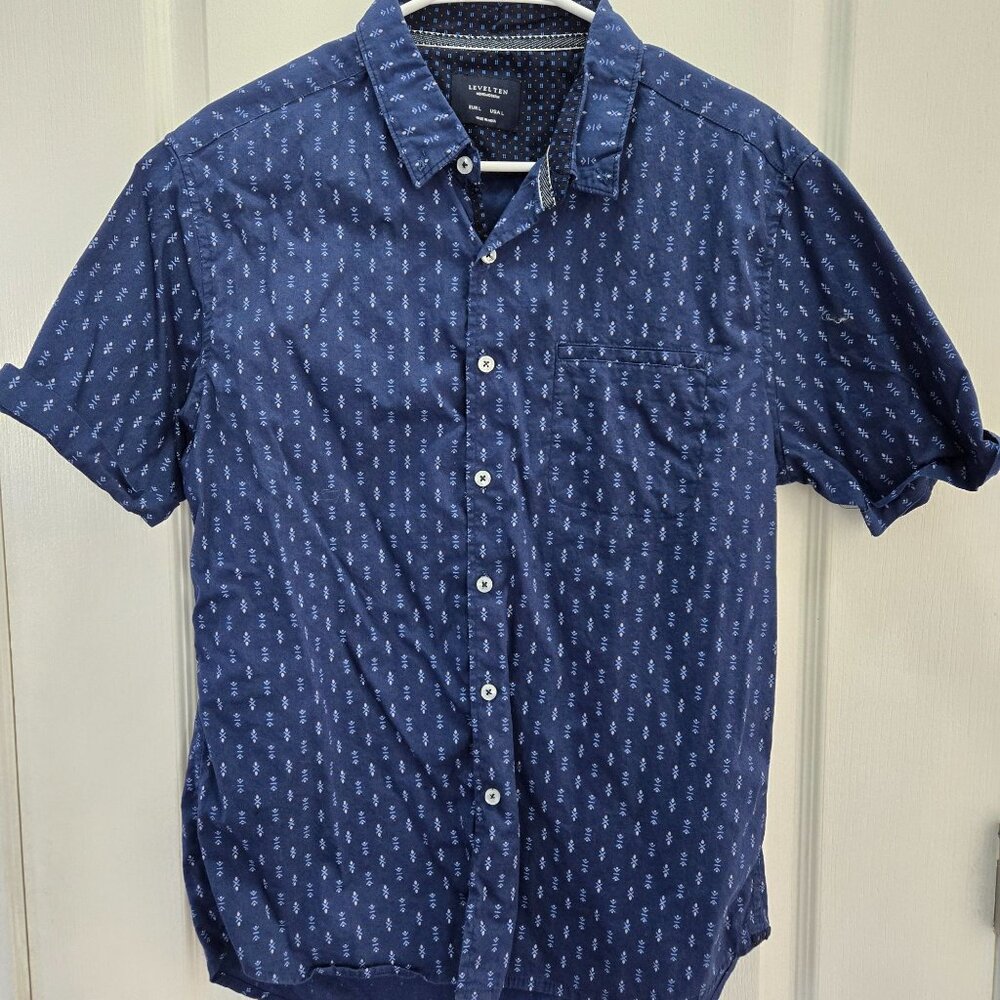 Level Ten Mens Modern Fit Short Sleeve Button-Down Shirt Navy Blue Patterned Cot